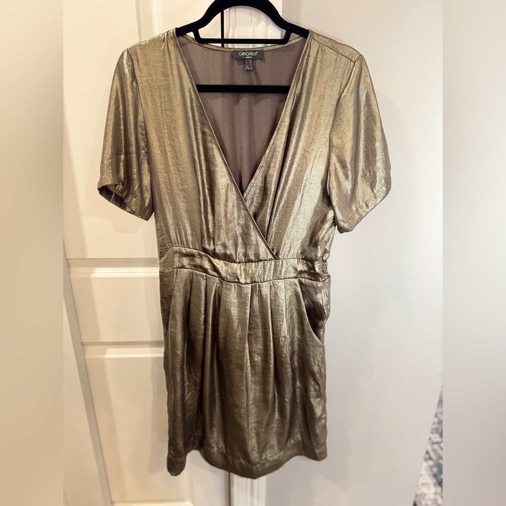 Aritzia Metallic Gold V-Neck Wrap Mini Dress